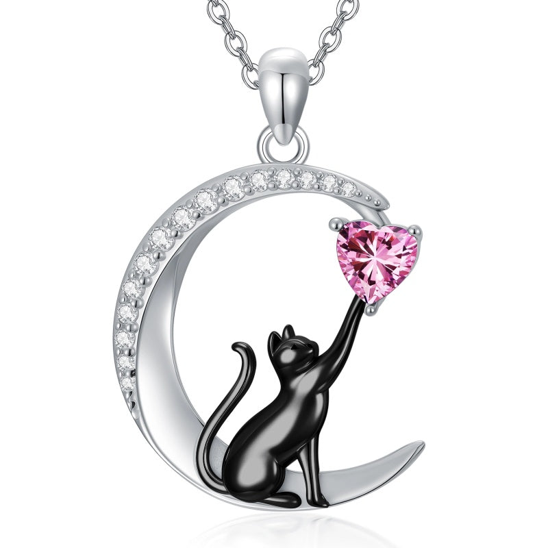 Sterling Silver Heart Birthstone Cat Pendant Necklace