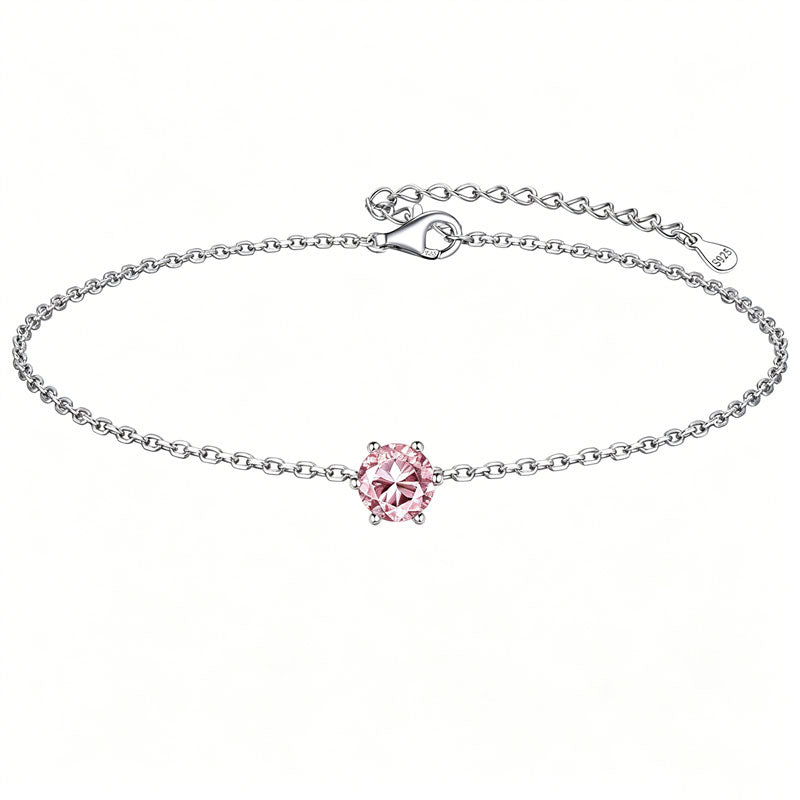 Sterling Silver Simple Dainty Round Heart Birthstone Single Layer Charm Anklet