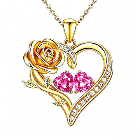14K Gold Plated Double Heart Birthstone Rose Pendant Necklace for Women