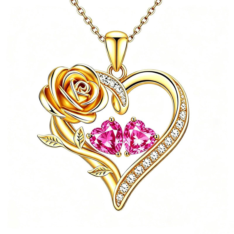 14K Gold Plated Double Heart Birthstone Rose Pendant Necklace for Women