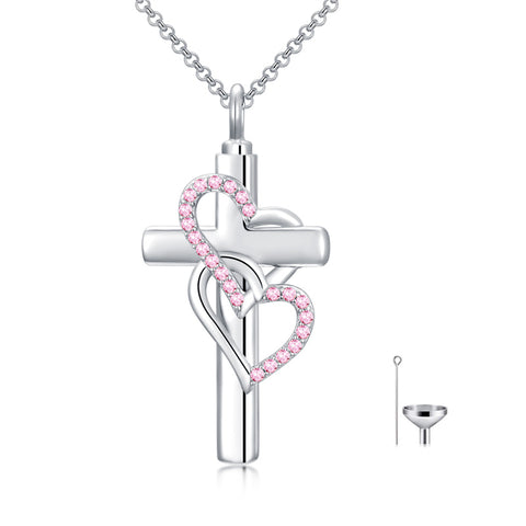 Sterling Silver Birthstone Cross Urn Necklace for Ashes
