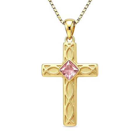 14K Gold Plated Birthstone Cross Pendant Necklace for Women  Anniversary Christmas Birthday Gift