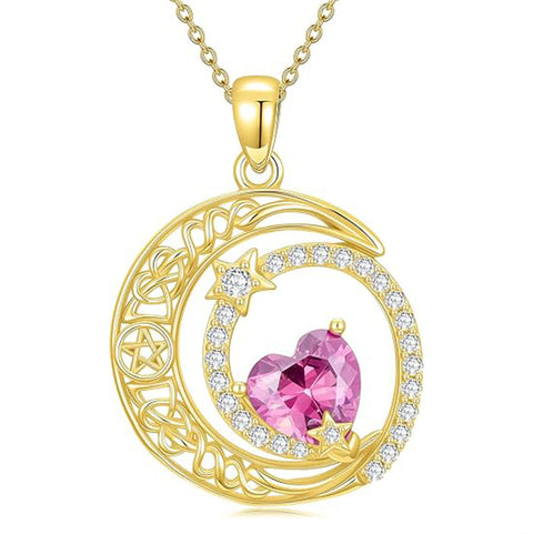 10K 14K 18K Gold Heart Birthstone Moon and Star Pendant  Necklace for Women
