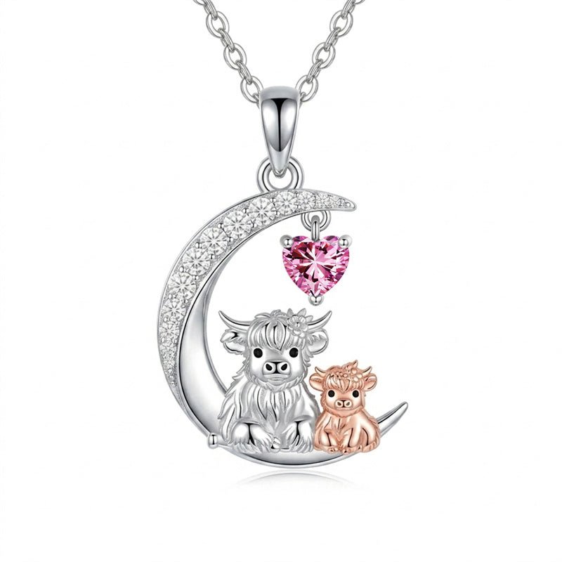 Sterling Silver Round Heart Birthstone Highland Cow Pendant Necklace Fluffy Cow Jewelry Gifts Birthday Christmas