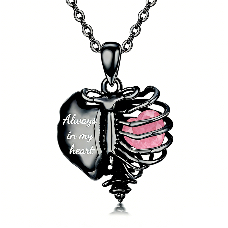Sterling Silver Black Heart Skeleton Necklace With Engraved