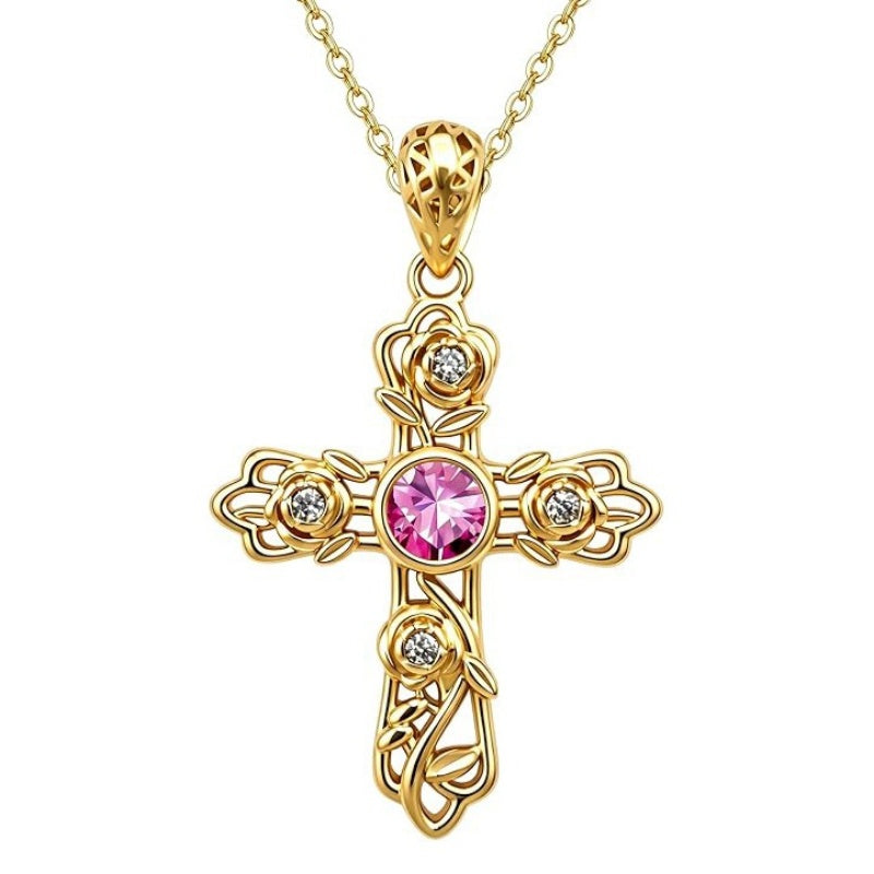 14K Gold Plated Round Cubic Zirconia Filigree Rose Cross Necklace for Women