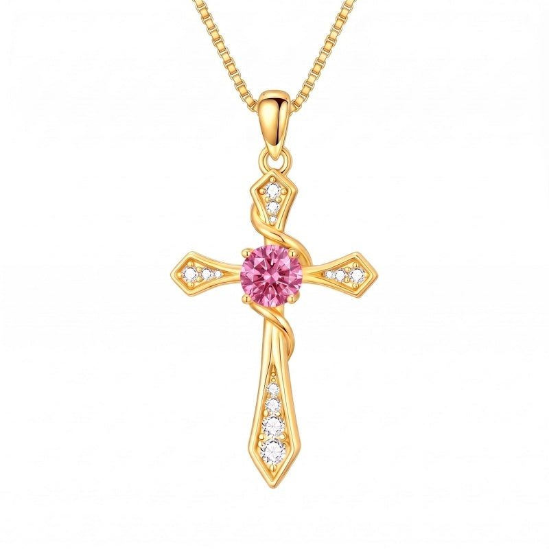 14K Gold Plated Birthstone Infinity  Cross Pendant NecklaceJewelry for Women