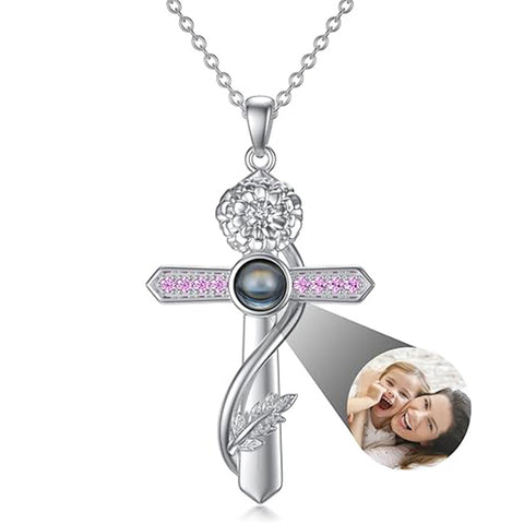 Sterling Silver Cross 100 Languages 12 Month Birthstone Birth Month Flower Pendant Necklace