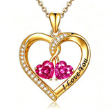 14K Gold Plated Double Heart Birthstone Rose Pendant Necklace for Women