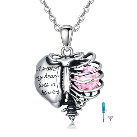 Sterling Silver Heart Birthstone Skeleton Urn Necklaces for Ashes