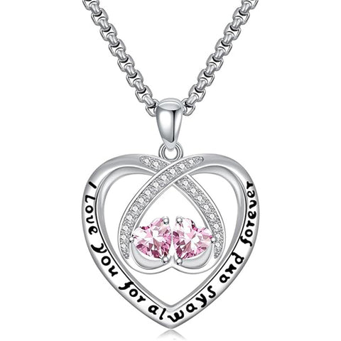 Sterling Silver Double Heart Birthstone Pendant Necklace Engraved with I Love You for Always and Forever