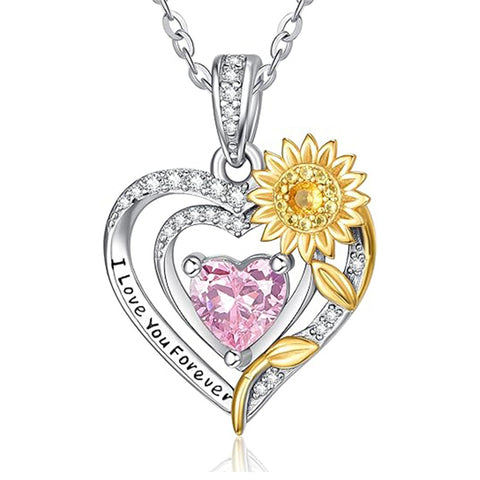 Sterling Silver Heart Birthstone Sunflower Pendant Necklace Engraved with I Love You Forever