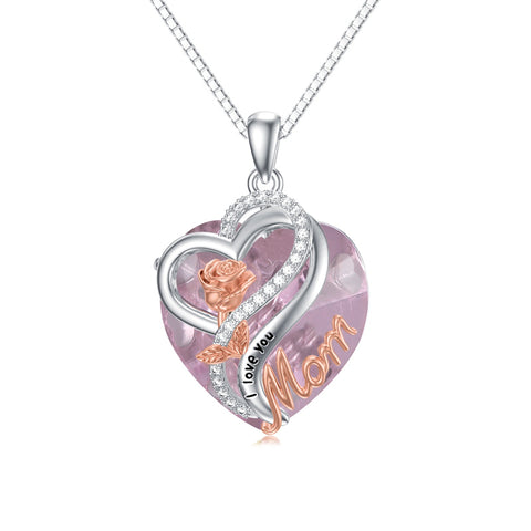 Mothers Day Gifts for Mom Sterling Silver Mom Necklace Heart Rose Pendant Birthstone Jewelry Gifts for Mom from Daughter Son for Women