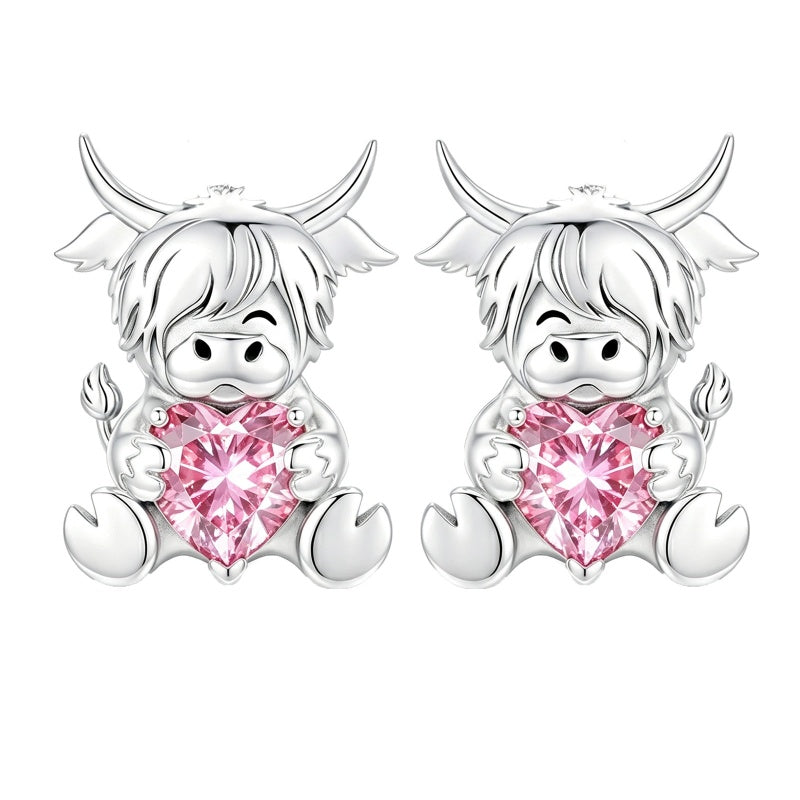 Sterling Silver 12 Month Birthstone Highland Cow Stud Earrings Christmas Gift