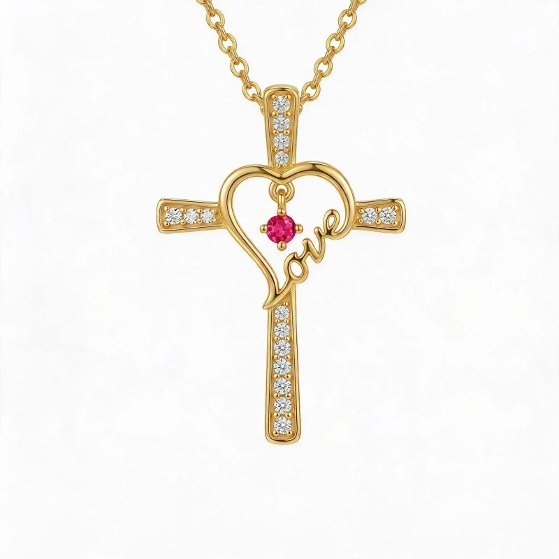 14K Gold Plated  Birthstone  LOVE Heart Cross Necklace for Women Faith Jewelry