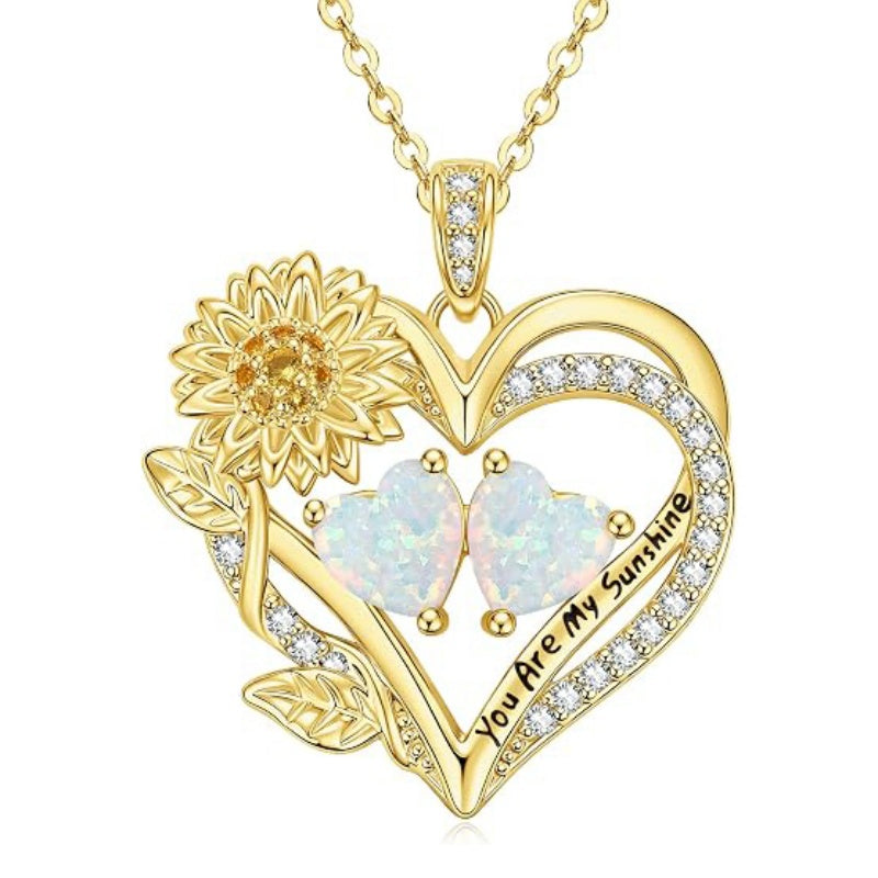 14K Gold  Plated Double Birthstone Heart Sunflower Necklace for Women