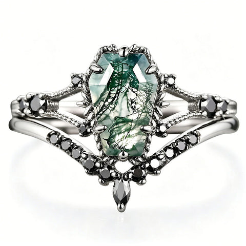 Sterling Silver 10K 14K 18K Gold 2CT Moss Agate Vine Leaf Women's Bridal Ring Sets for Wedding Engagement