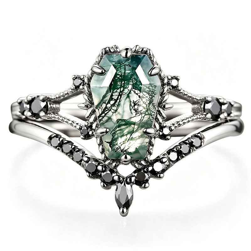 Sterling Silver 10K 14K 18K Gold 2CT Moss Agate Vine Leaf Women's Bridal Ring Sets for Wedding Engagement