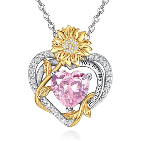 Sterling Sliver Birthstone Love Heart & Sunflower Pendant Necklace Engraved With You Are My Sunshine