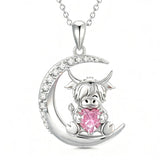 Sterling Silver Round Heart Birthstone Highland Cow Pendant Necklace Fluffy Cow Jewelry Gifts Birthday Christmas