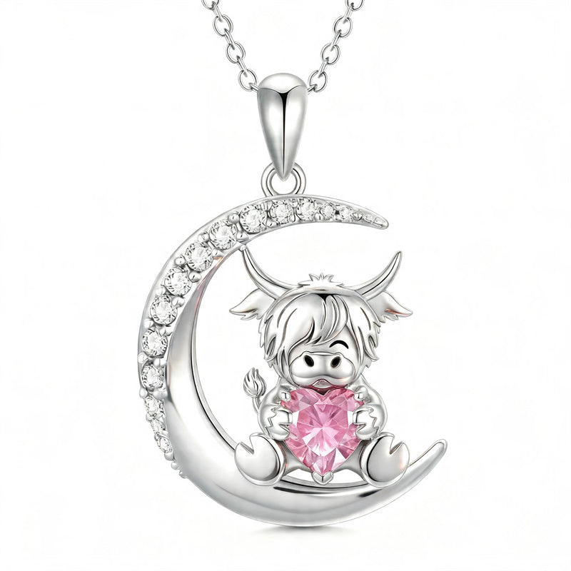 Sterling Silver Round Heart Birthstone Highland Cow Pendant Necklace Fluffy Cow Jewelry Gifts Birthday Christmas