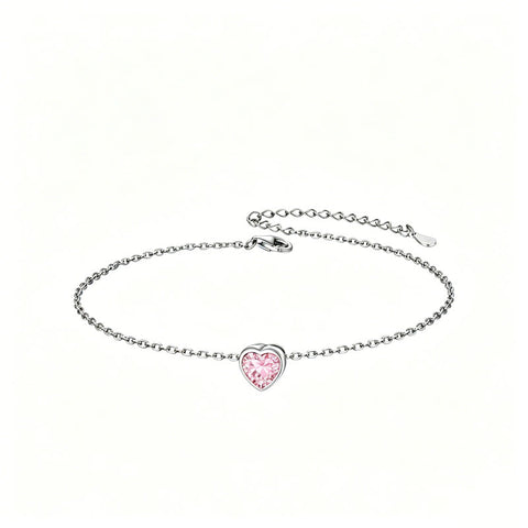 Sterling Silver Simple Dainty Round Heart Birthstone Single Layer Charm Anklet