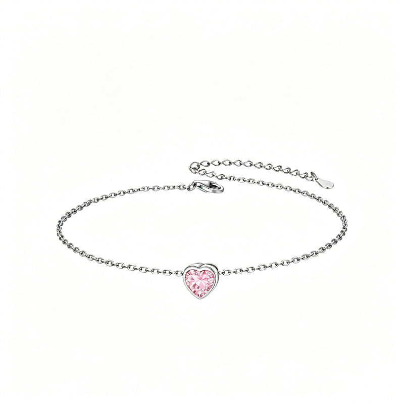 Sterling Silver Simple Dainty Round Heart Birthstone Single Layer Charm Anklet