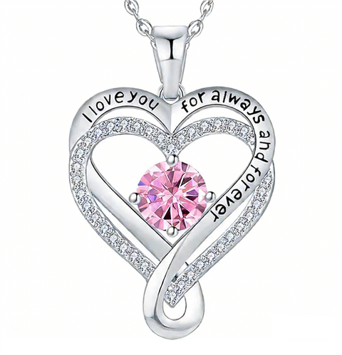 Sterling Silver 12 Month Birthstone Double Heart Pendant Necklace  Engraved with I Love You for Always and Forever