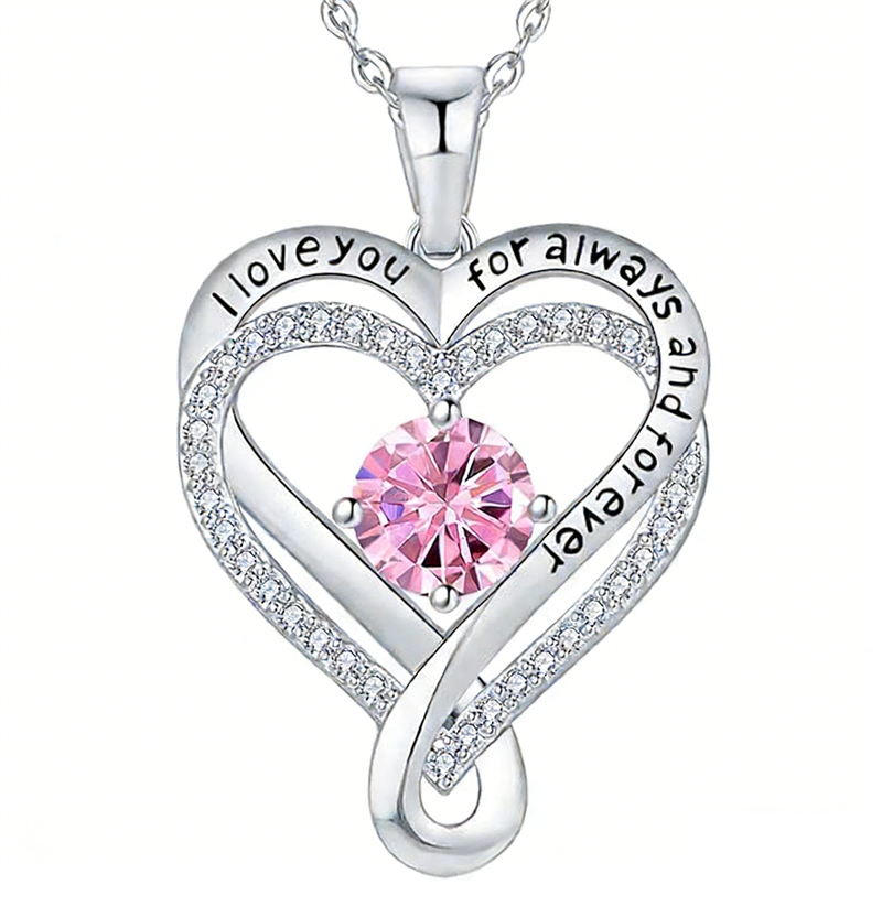 Sterling Silver 12 Month Birthstone Double Heart Pendant Necklace  Engraved with I Love You for Always and Forever