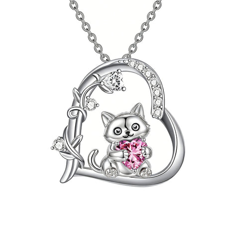 Sterling Silver Birthstone  Cat Pendant Necklace for Women