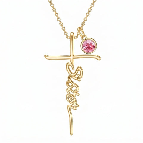 14K Gold Plated Birthstone Sister Cross  Pendant Necklace