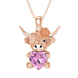 14K Gold Heart Birthstone Highland Cow Pendant Necklace