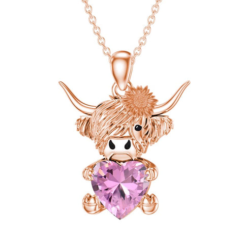 14K Gold Heart Birthstone Highland Cow Pendant Necklace