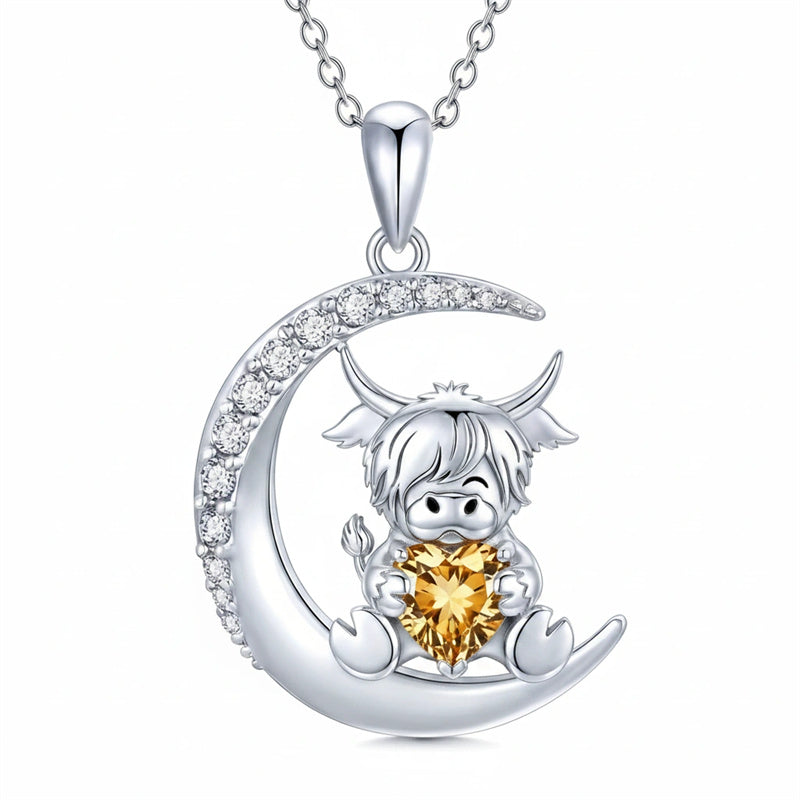 Sterling Silver Round Heart Birthstone Highland Cow Pendant Necklace Fluffy Cow Jewelry Gifts Birthday Christmas
