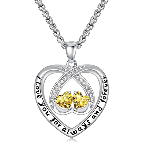 Sterling Silver Double Heart Birthstone Pendant Necklace Engraved with I Love You for Always and Forever
