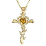 14K Gold Plated Heart Birthstone Rose Cross  Pendant Necklace  Religious Christian Jewelry for Women