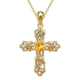 14K Gold Plated Round Cubic Zirconia Filigree Rose Cross Necklace for Women