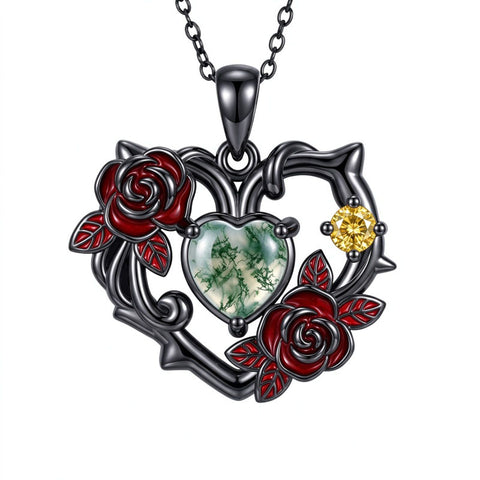 Sterling Silver Black Heart Skeleton Birthstone Necklace With Engraved Halloween Gift