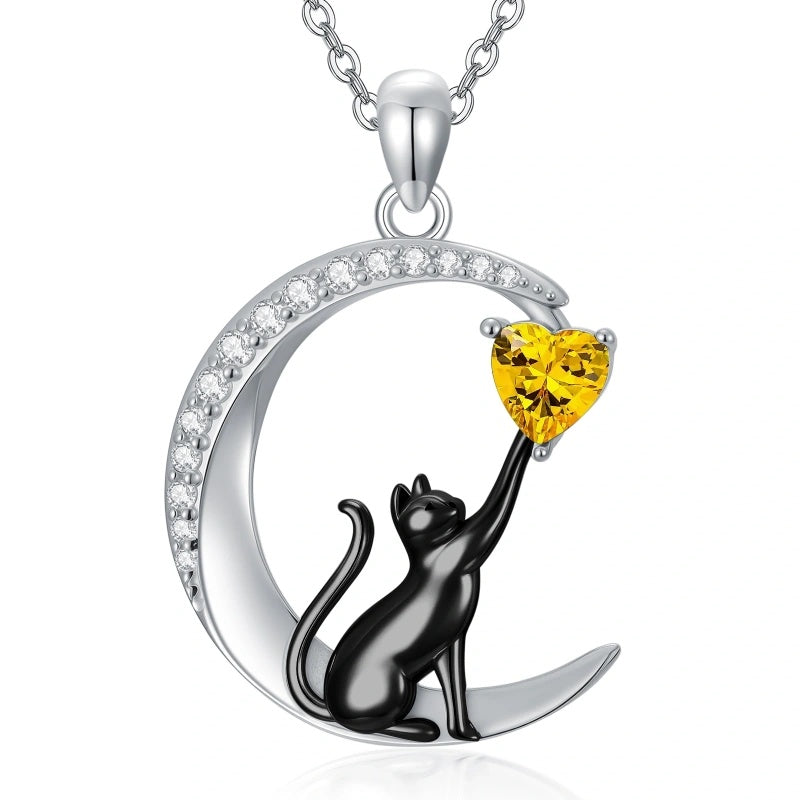 Sterling Silver Heart Birthstone Cat Pendant Necklace