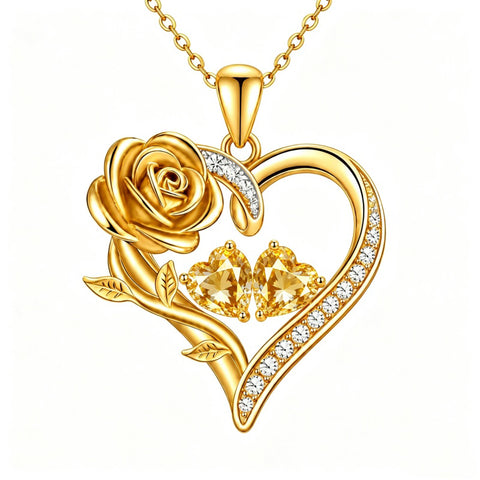 14K Gold Plated Double Heart Birthstone Rose Pendant Necklace for Women