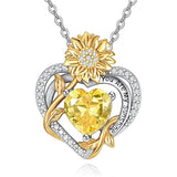 Sterling Sliver Birthstone Love Heart & Sunflower Pendant Necklace Engraved With You Are My Sunshine