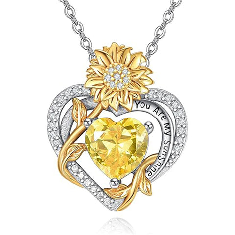 Sterling Sliver Birthstone Love Heart & Sunflower Pendant Necklace Engraved With You Are My Sunshine