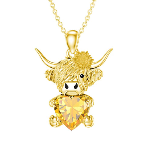 14K Gold Heart Birthstone Highland Cow Pendant Necklace