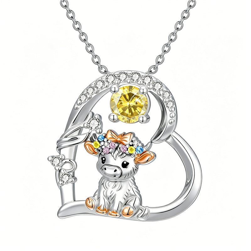 Sterling Silver Round Heart Birthstone Highland Cow Pendant Necklace Fluffy Cow Jewelry Gifts Birthday Christmas