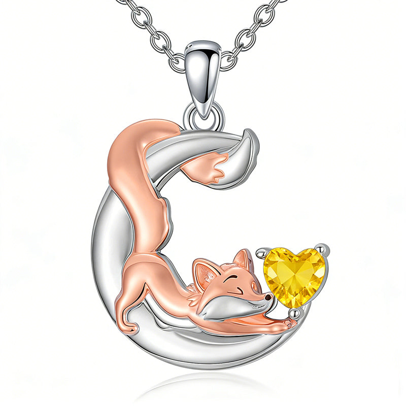 Sterling Silver 12 Month Birthstone Fox Pendant Necklace for Women