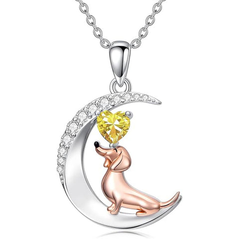 Sterling Silver Heart Birthstone  Dachshund Pendant Necklace