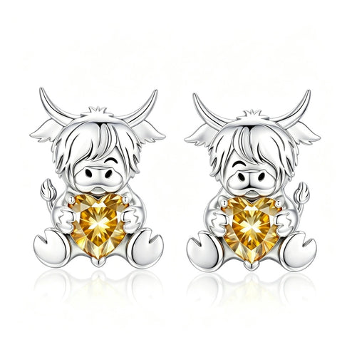 Sterling Silver 12 Month Birthstone Highland Cow Stud Earrings Christmas Gift