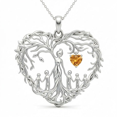 Sterling Silver Heart Pendant Birthstone Tree of Life Mother Child Family Necklace