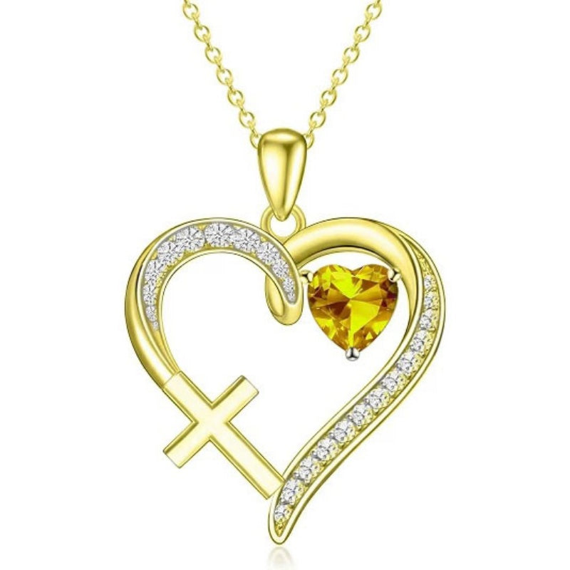 14K Gold  Plated 12 Months Birthstone  Heart Cross Pendant Necklace  for Women