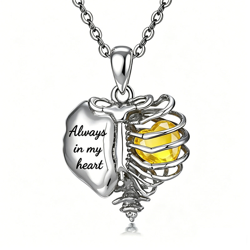 Sterling Silver Black Heart Skeleton Necklace With Engraved